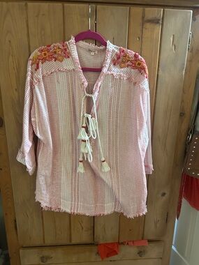 Johnny Was Boho Pink/Red Embroidered Tassel Women's Top